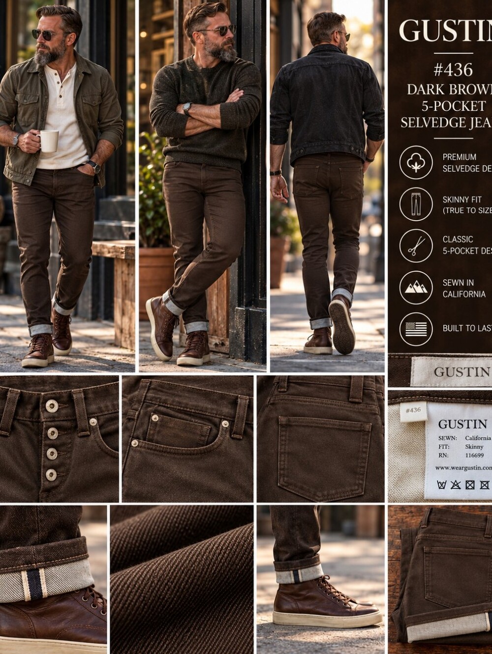Gustin #436 Dark Brown 5-Pocket Twill Pants – Skinny Fit – Size 37x35